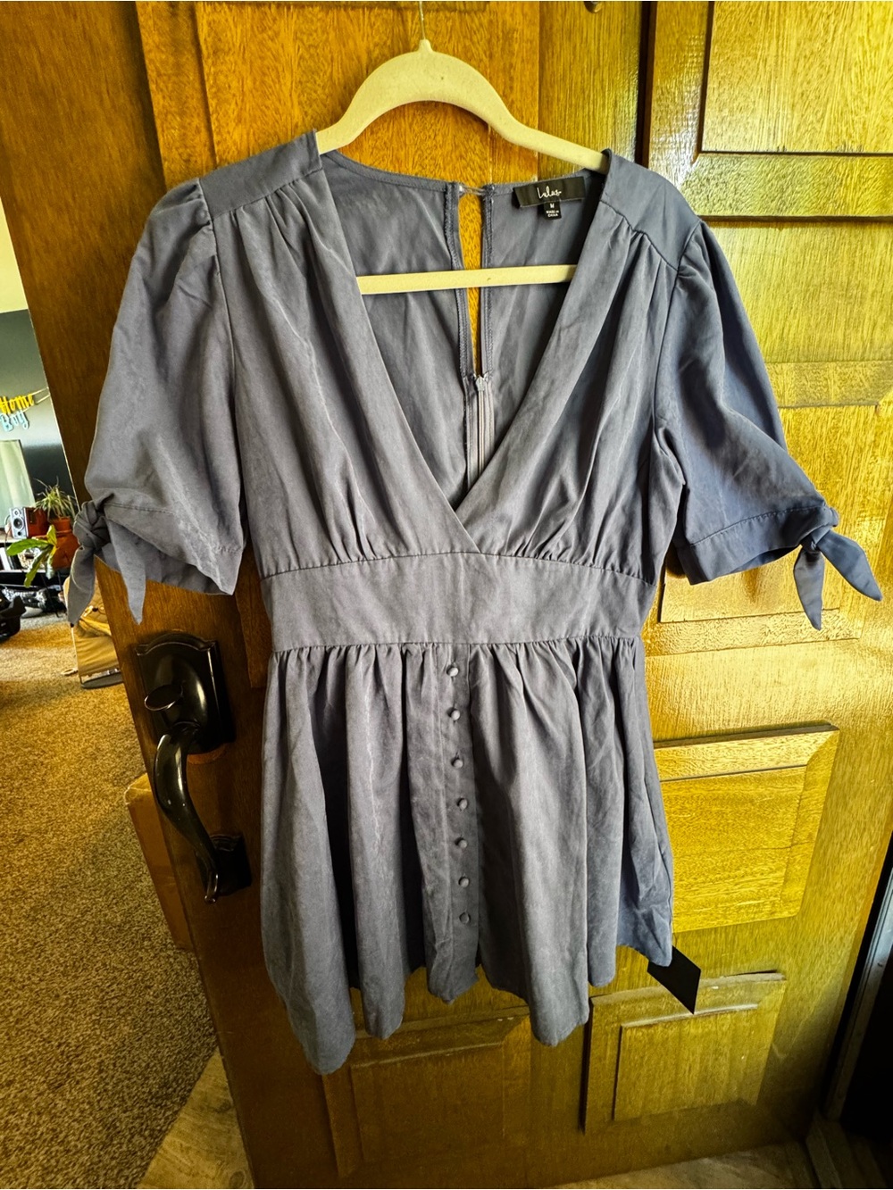 Lulu's Slate Blue V‑Neck Button Front Mini Dress